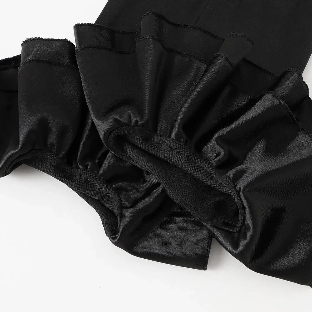 Women's Black Long Satin Ruffle Cuff Stretchy Sleeves Gloves Wedding Costume